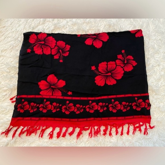Swimwear Cover Up. Sarong. Black with Red roses and Fringe. Full Size 60" x 45" - Picture 2 of 2